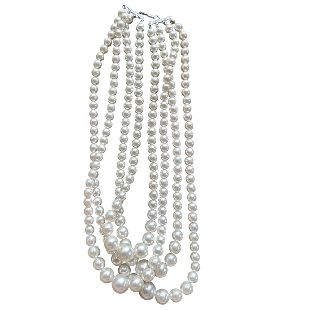 Vintage Multi Strand Faux Pearl Graduated Statement Necklace White Silver Clasp